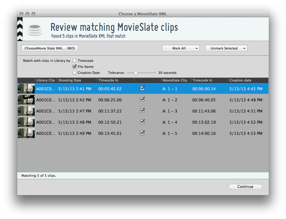 图2：“选择MovieSlate导入向导中，想要合并Metadata元数据的素材”