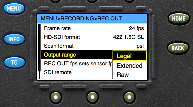 图2：在ARRI Alexa（阿莱爱丽丝）摄影机的菜单中调节HD_SDI的亮度范围